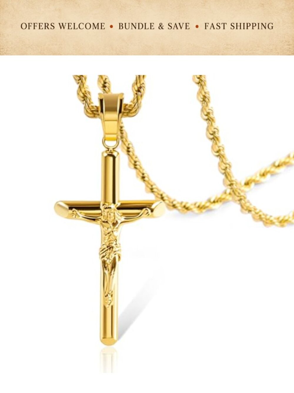 Gold Plated Cross Necklace Men Women Stainless Steel Crucifix Pendant 21in Chain